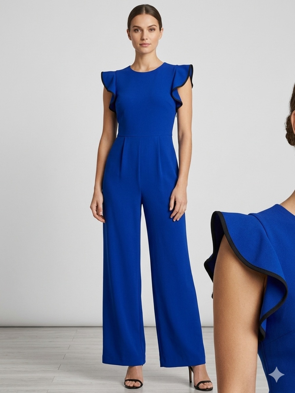 CALVIN KLEIN Royal Blue Black Piping Jumpsuit Size 12 Ruffle Sleeves Casual X29